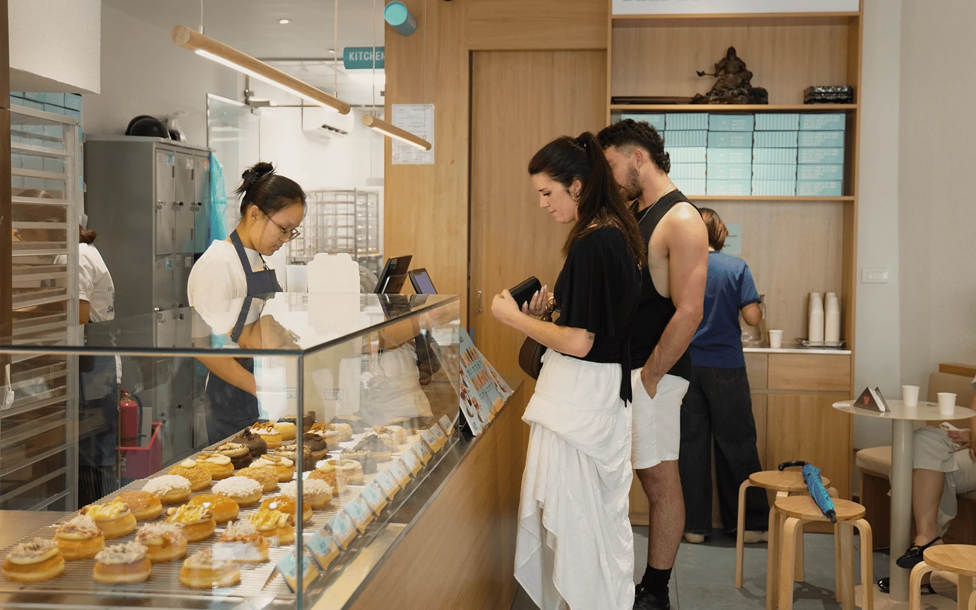Fresh handmade donuts display counter at Lim Donuts